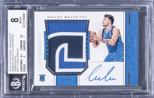 2018-19 Panini National Treasures Rookie Patch Autographs Horizontal #127 Luka Doncic Signed Patch Rookie Card (#22/49) - BGS NM-MT 8/BGS 10